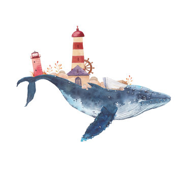 Watercolor creative whale poster. Hand painted fantasy blue sea whale with lighthouses, plants, wheel, old boat, stones isolated on white background. Vintage style nautical art