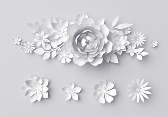 3d render, digital illustration, white paper flowers, floral background, border decoration