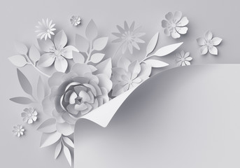 3d render, digital illustration, white paper flowers, floral background, page corner decoration