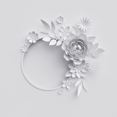 3d render, digital illustration, white paper flowers, floral background, blank banner, round frame, holiday wreath
