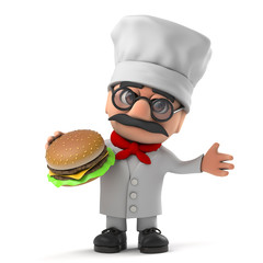 3d Funny cartoon Italian pizza chef character eats a beef burger