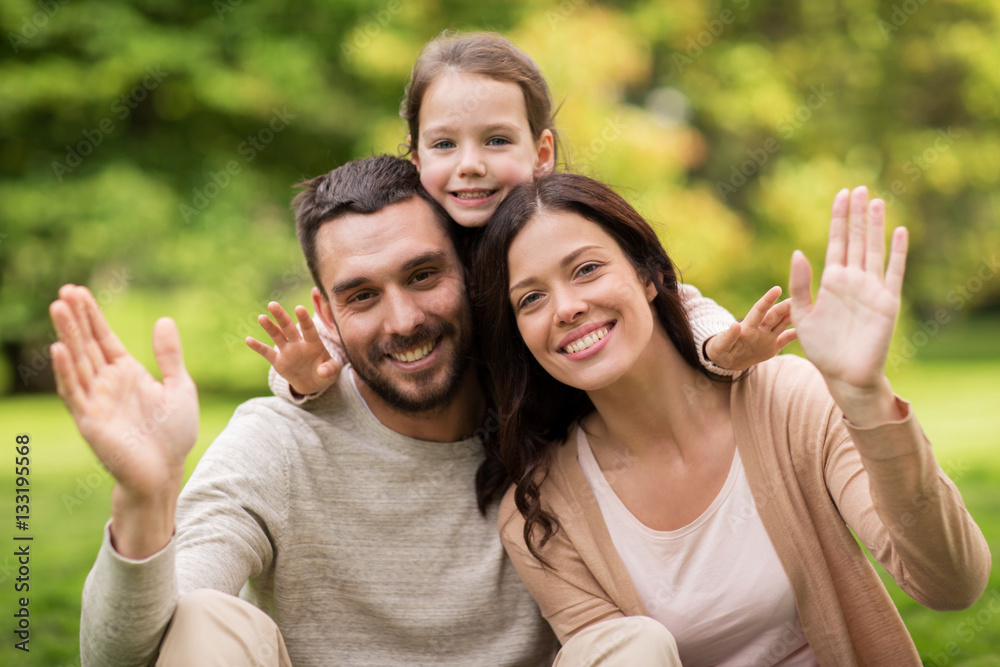 Wall mural happy family in summer park waving hands