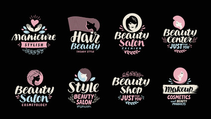 Beauty shop, salon, cosmetic or makeup logo. Handwritten in a beautiful calligraphic text, lettering. Label vector illustration