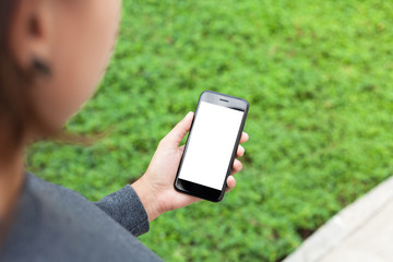 woman hold phone mobile showing blank screen outdoor lifestyle,