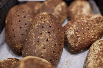 close up of rye bread at bakery or grocery store