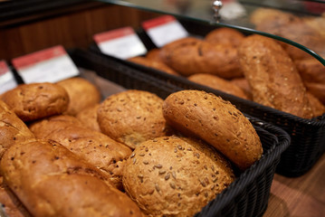close up of bread at bakery or grocery store