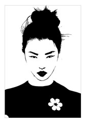 Draw black white japanese girl geisha