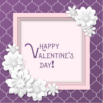 Valentine's Day greeting card with white flowers on purple background, illustration