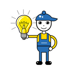 Man electrician character holding a glowing light bulb.