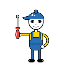 Handyman mechanic character holding a big screwdriver tool.