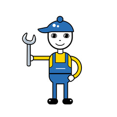 Handyman mechanic character holding a big wrench tool.
