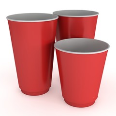 Disposable drink cups. Red paper mug. 3d render isolated on white background