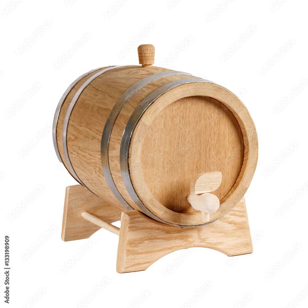 Wall mural Wooden barrel for wine on a white background.