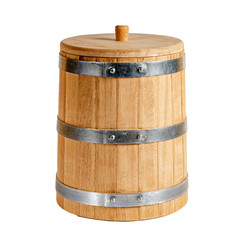 Wooden barrel for salting of vegetables on a white background.