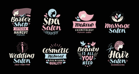 Beauty salon, spa, cosmetic, barber shop or makeup logo. Handwritten in beautiful calligraphic text, lettering. Label vector illustration