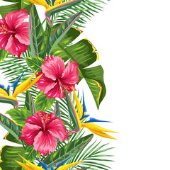 Seamless border with tropical leaves and flowers. Palms branches, bird of paradise flower, hibiscus
