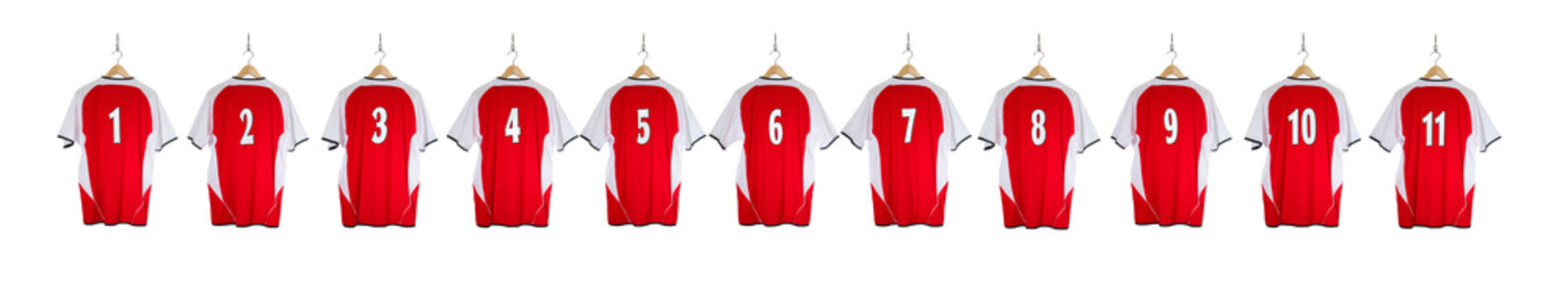 Row of Red Football Shirts  isolated on white background