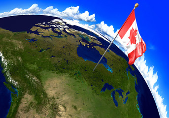 Canada national flag marking the country location on world map. 3D rendering, parts of this image furnished by NASA