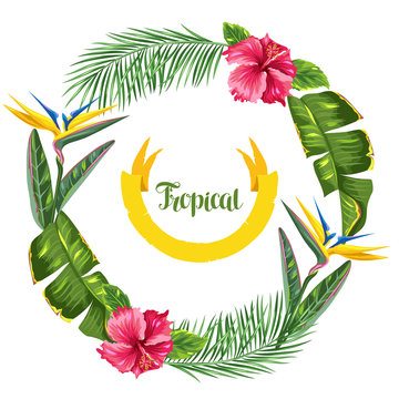 Frame with tropical leaves and flowers. Palms branches, bird of paradise flower, hibiscus