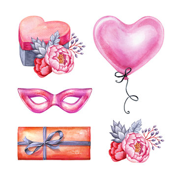 watercolor illustration, Valentine's day clip art, party accessories, heart shape balloon, gift box, carnival mask, flowers