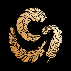 Set of decorative golden ethnic feathers hand-painted in Boho style.  Tribal.