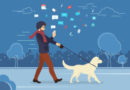 Man walking outdoors with dog in the evening and using smartphone to read news and messages in social networks. Flat concept illustration of people addiction to networks and spending time in internet