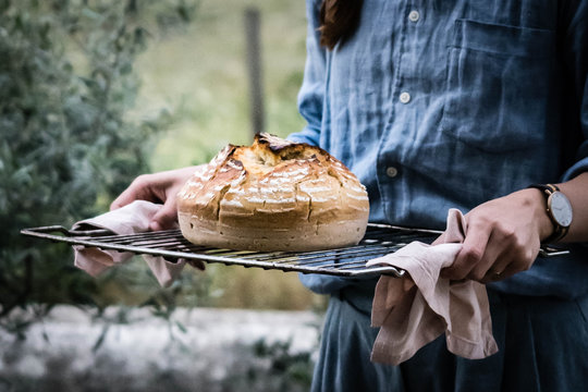 Midsection of woman holding baked cake on cooling rack
