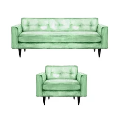  Green Sofa and Armchair - Watercolor Illustration. © nataliahubbert