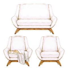 Fototapeten Beige Sofa und Sessel mit und ohne Decke - Aquarell-Illustration. © nataliahubbert