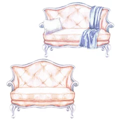 Tuinposter Pink Sofa with and without throw blanket - Watercolor Illustration. © nataliahubbert