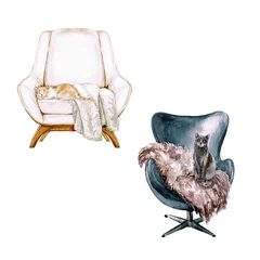 Foto op Aluminium Armchair with and without throw - Watercolor Illustration. © nataliahubbert