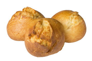 three baked, cheese rolls on a white background