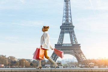 Young woman doing shopping in Paris - obrazy, fototapety, plakaty