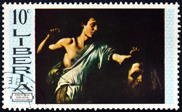 Postage stamp Liberia 1969 David and Goliath, by Carvaggio