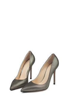 Metallic female high heel shoes on white background	