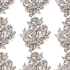 Monochrome seamless outline pattern a gun and roses. Design of surface pattern.