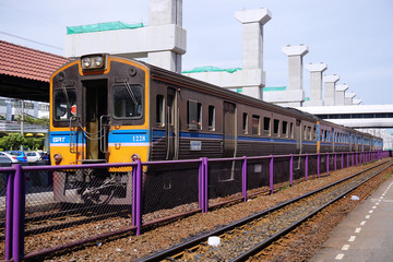 State Railways of Thailand (SRT) Blue diesel electric train locomotive parked at Donmuang railway station