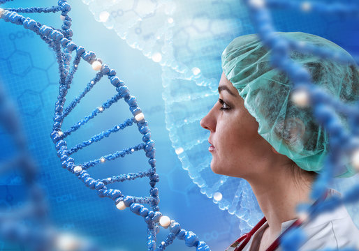 Innovative technologies in science and medicine in 3D illustration of DNA helix. Beautiful female doctor