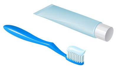 голубая пластиковая зубная щетка с пастой и тюбик зубной пасты с белой крышкой, лежащий рядом, на белом фоне