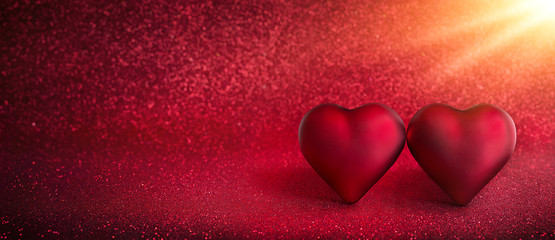 Valentines Card - Shiny Two Hearts On Red Background