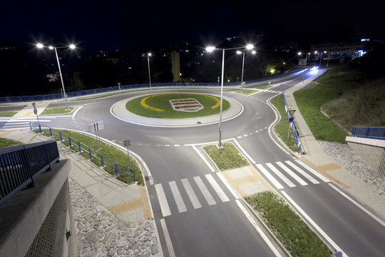 modern traffic roundabout at night, Banska Bystrica, Slovakia