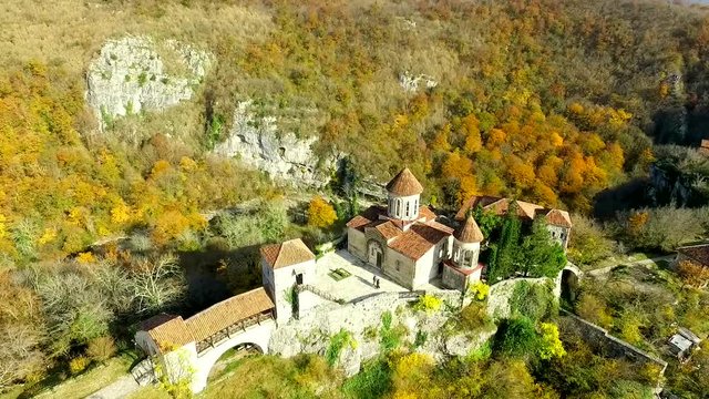 Diving into the forestgrounds of the ancient georgian Motsameta monastery, Georgia, aerial