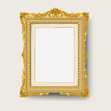 Vintage gold wood photo frame on white background