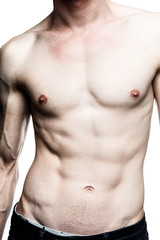 Fototapeta premium Сохранить Скачать изображение для предпросмотра sexy muscular male torso six packs on wet body of athletic man training with bare chest and strong biceps on hands closeup