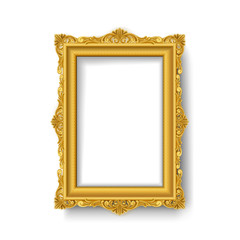 Vintage gold wood photo frame on white background