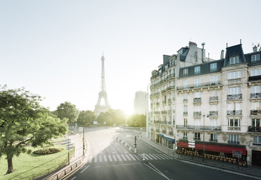 sunny morning and Eiffel Tower, Paris, France