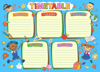 School timetable schedule, colorful vector illustration.