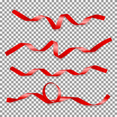 Collection of red satin ribbons. Set of curved tapes isolated on transparent background. Vector illustration. - obrazy, fototapety, plakaty