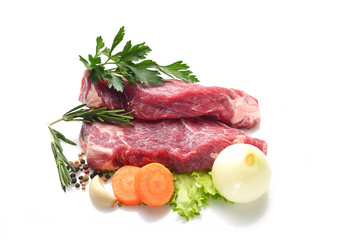 Raw marbled beef on a a white background