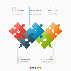 Vector 5 options infographic template with puzzle sections for presentations, advertising, layouts, annual reports - obrazy, fototapety, plakaty